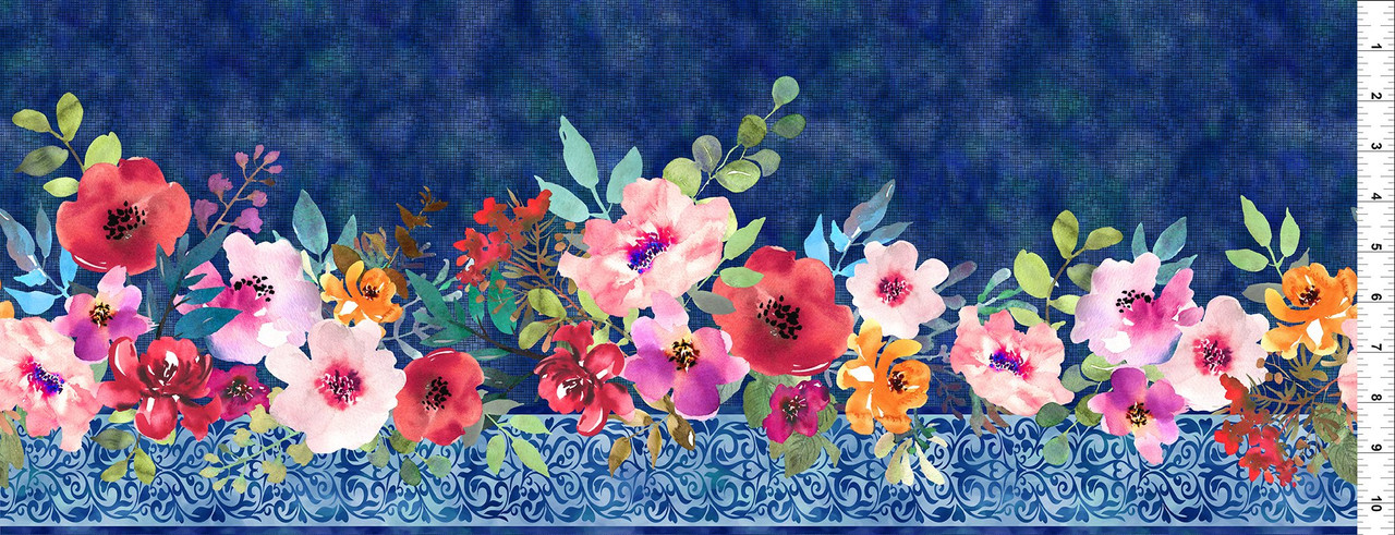 In The Beginning - Glorious Garden 1GAR1 Border Stripe Blue Floral | SOLD BY THE HALF-YARD